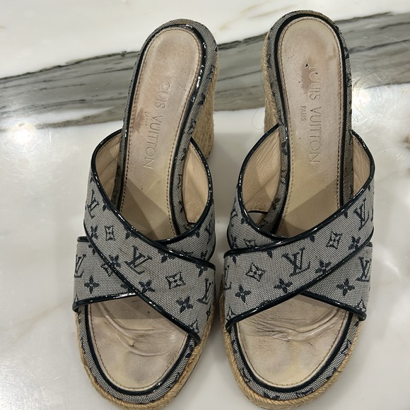 Louis Vuitton Navy Logo Canvas Espadrille Wedged Sandals- 39 - Picture 2 of 11